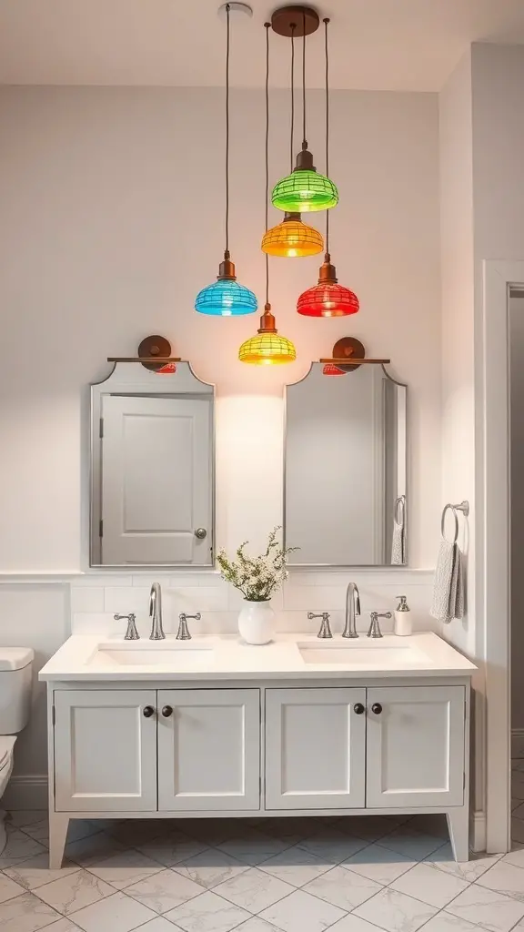 25+ Stunning Double Vanity Lighting Ideas for Your Bathroom 6 Colorful pendant lights hanging above a double vanity in a bathroom