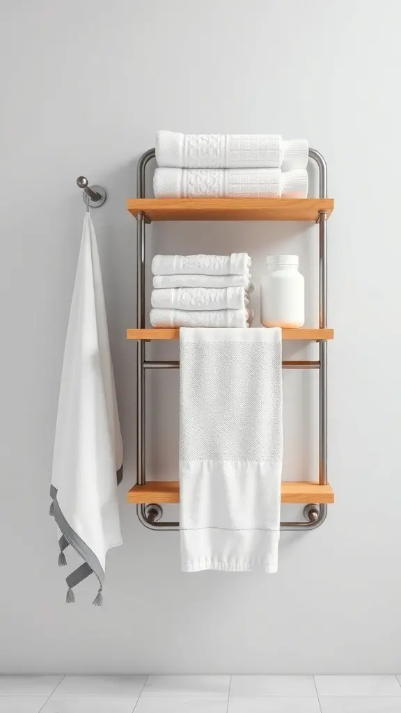 23+ Stylish Bathroom Towel Rack Ideas You’ll Love 4 A modern towel rack with wooden shelves, displaying neatly folded white towels and a decorative jar.