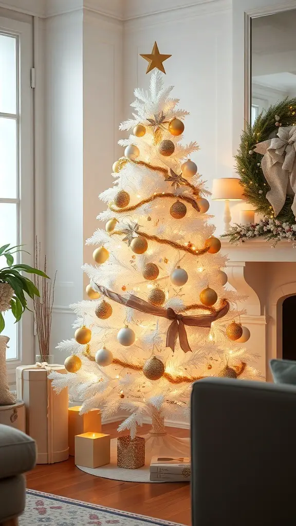 A white Christmas tree decorated with gold ornaments and lights, creating an elegant holiday theme.