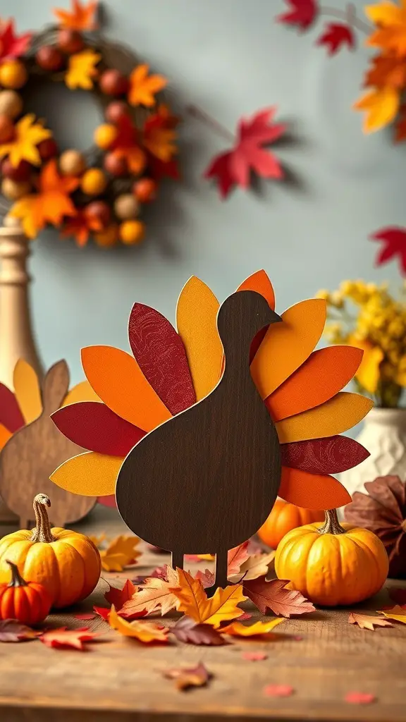 27+ Creative Turkey Crafts for Adults to Celebrate Thanksgiving 8 Colorful turkey silhouette wood cutouts surrounded by autumn leaves and pumpkins