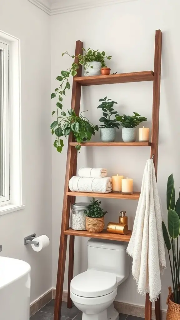 27+ Creative Bathroom Vanity Storage Ideas for an Organized Space 7 A wooden ladder shelf in a bathroom displaying plants, towels, and candles.