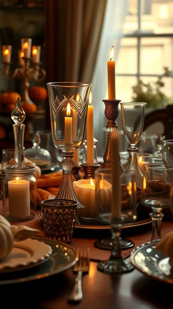 A beautifully set Thanksgiving table featuring vintage glassware, candles, and pumpkins.