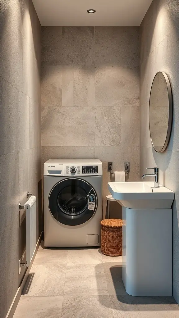 25+ Creative Bathroom Laundry Combo Ideas for Space-Saving Solutions 11 A modern bathroom laundry combo featuring textured walls, a washing machine, and a sleek sink.