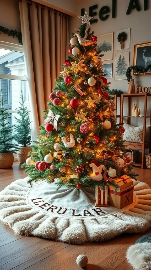 A beautifully decorated Christmas tree with a cozy faux fur tree skirt underneath.