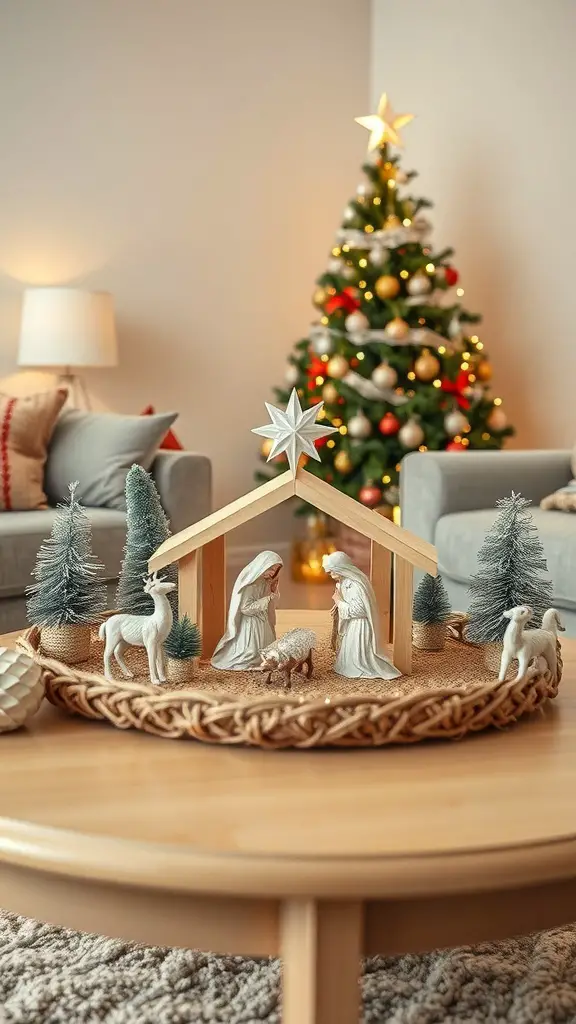 25+ Creative Christmas Coffee Table Decor Ideas to Elevate Your Holiday Style 13 A beautifully arranged nativity scene on a coffee table, surrounded by small trees and a cozy living room setting.