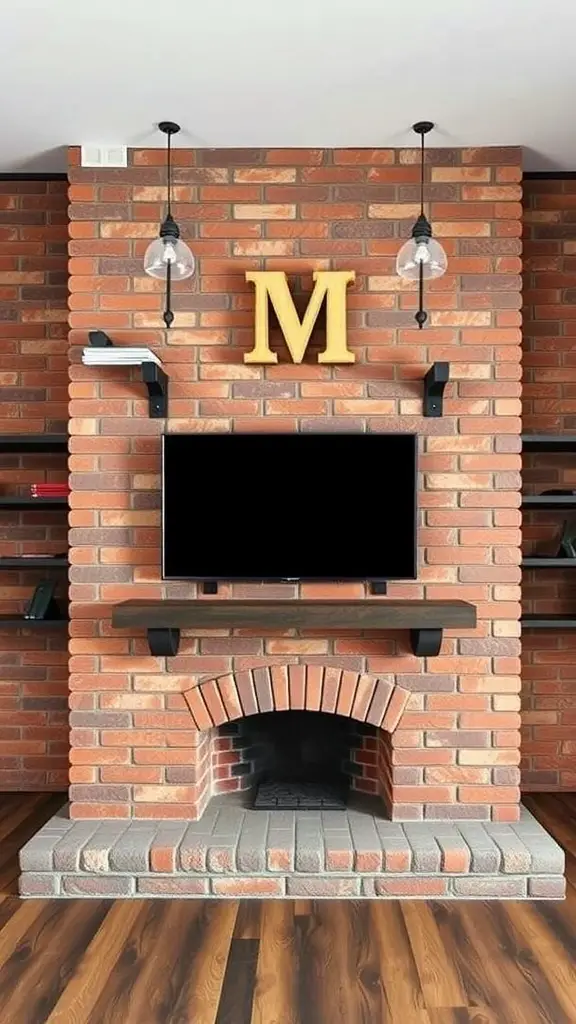 29+ Stunning TV Fireplace Wall Ideas You’ll Love 7 Industrial chic fireplace wall with exposed brick, wooden mantel, and pendant lights.