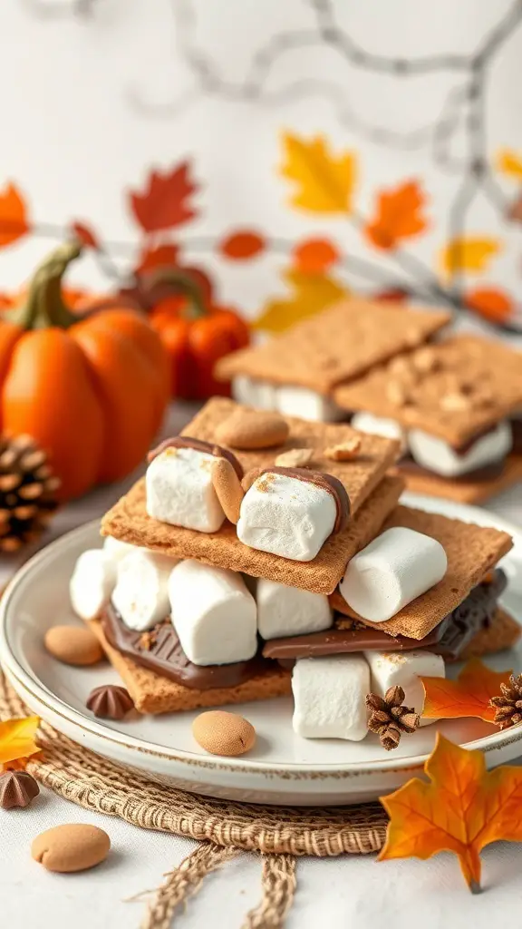 A plate of S'mores with graham crackers, marshmallows, and chocolate, surrounded by autumn leaves and pumpkins.