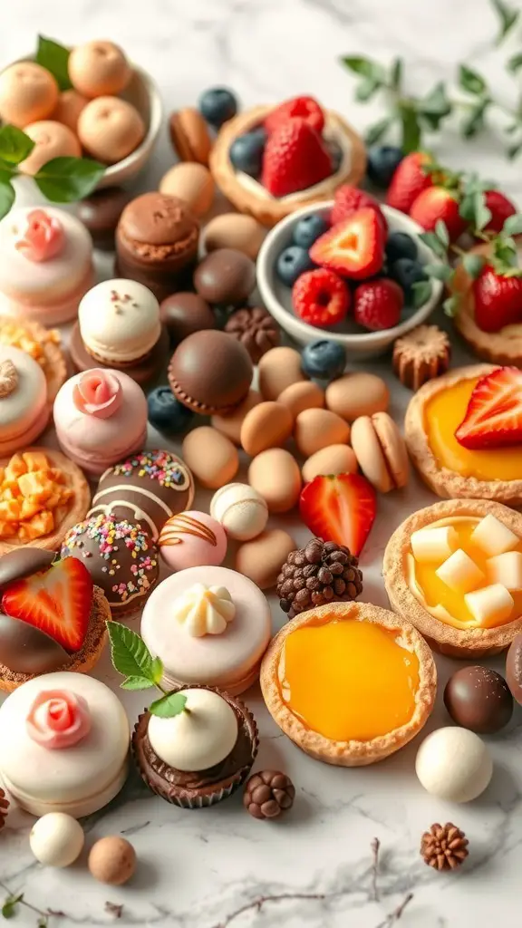 A colorful assortment of sweet treats including macarons, chocolate truffles, mini tarts, and fresh fruits.