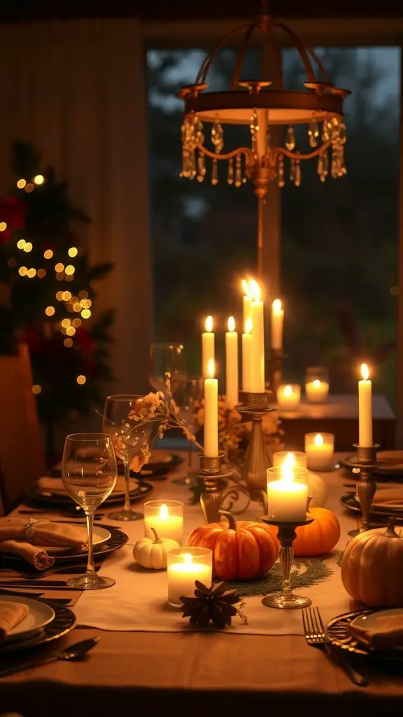A beautifully set Thanksgiving dinner table with candles, pumpkins, and elegant tableware.