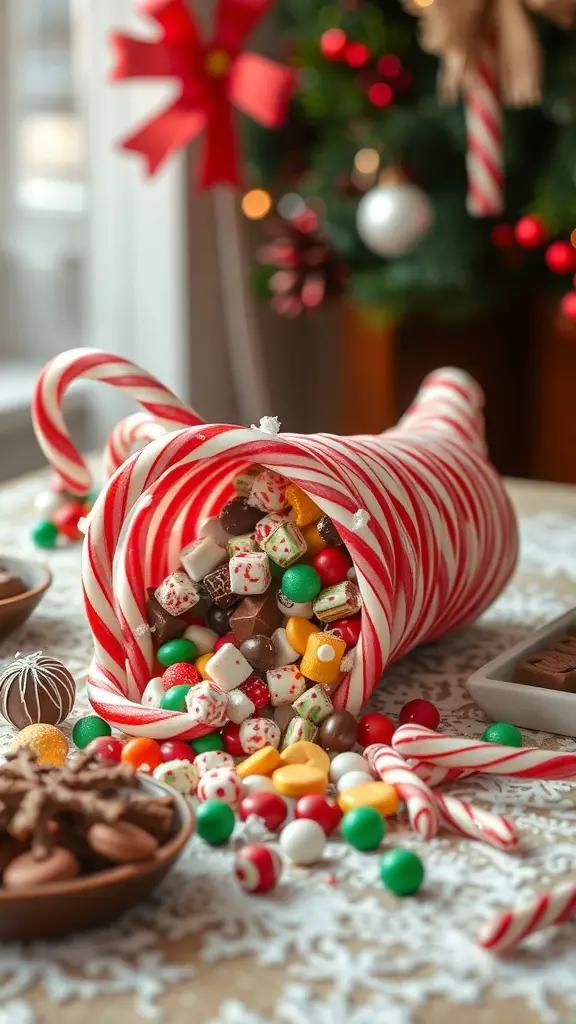 A festive Candy Cane Cornucopia filled with colorful candies, set against a holiday backdrop.