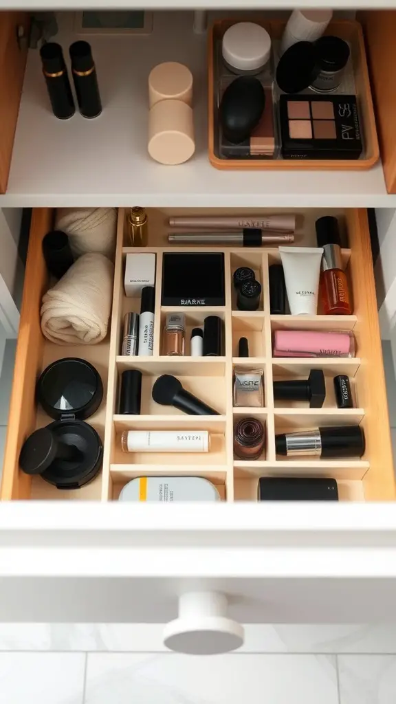 25+ Must-Try Minimalist Bathroom Organization Ideas 12 Organized makeup drawer with dividers