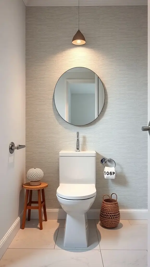 29+ Stunning Half Bath Wallpaper Ideas to Transform Your Space 3 Modern half bath with textured wallpaper, round mirror, and minimalist decor.