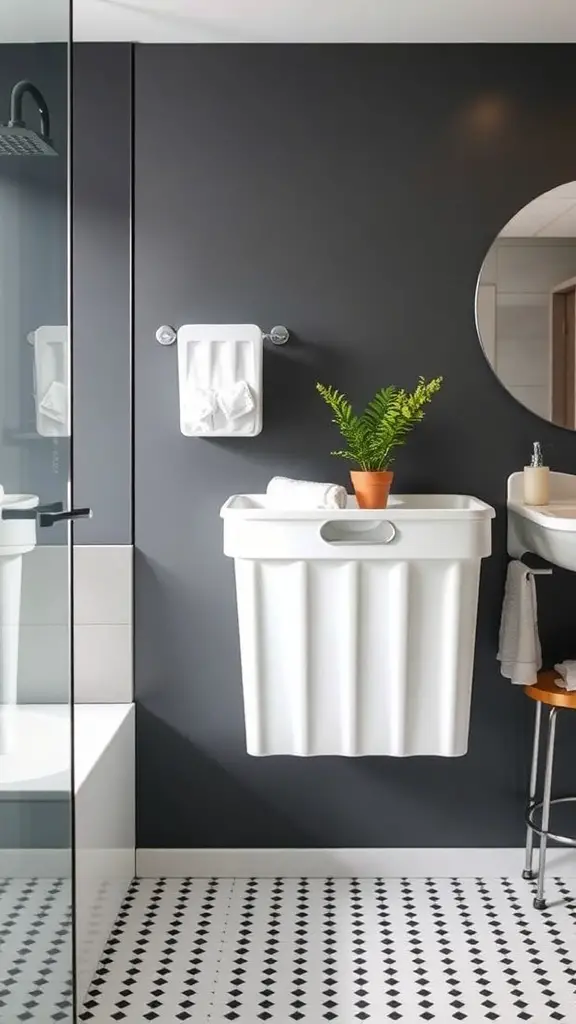 25+ Creative Wall Mounted Laundry Hamper Ideas for Space-Saving Solutions 4 Chic wall-mounted folding laundry hamper in a modern bathroom setting