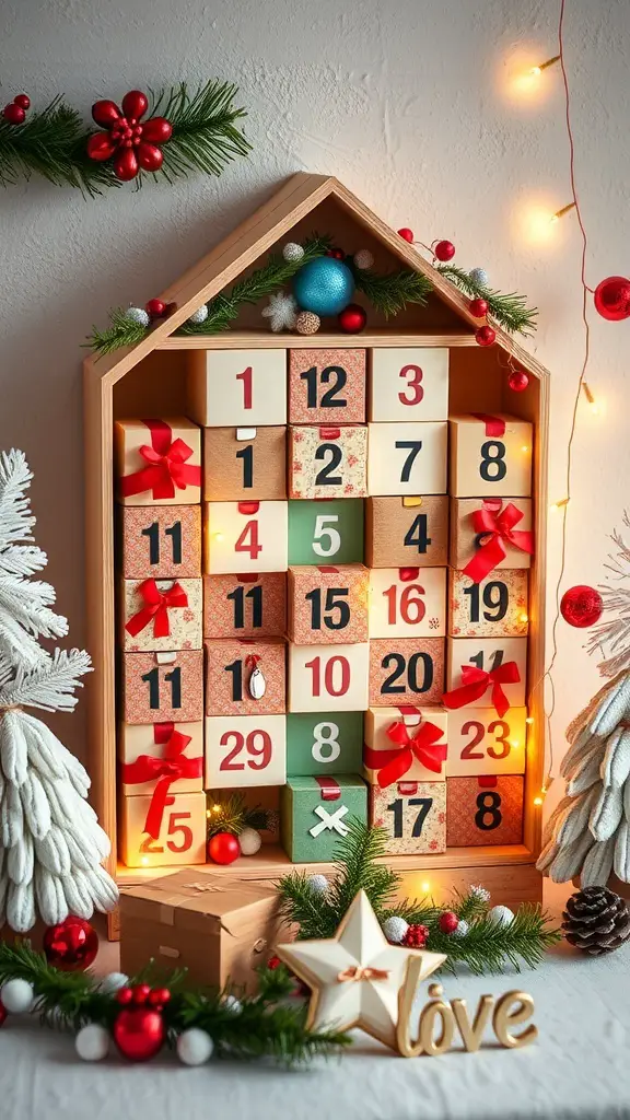 A DIY Advent calendar shaped like a house, filled with colorful boxes, each decorated with ribbons and numbers.