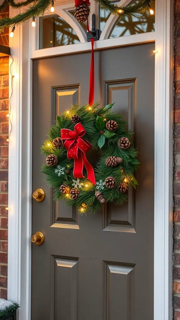 25+ Christmas Entryway Decor Ideas to Transform Your Home 7 A festive wreath with pine cones and a red bow hanging on a front door, illuminated by soft lights.