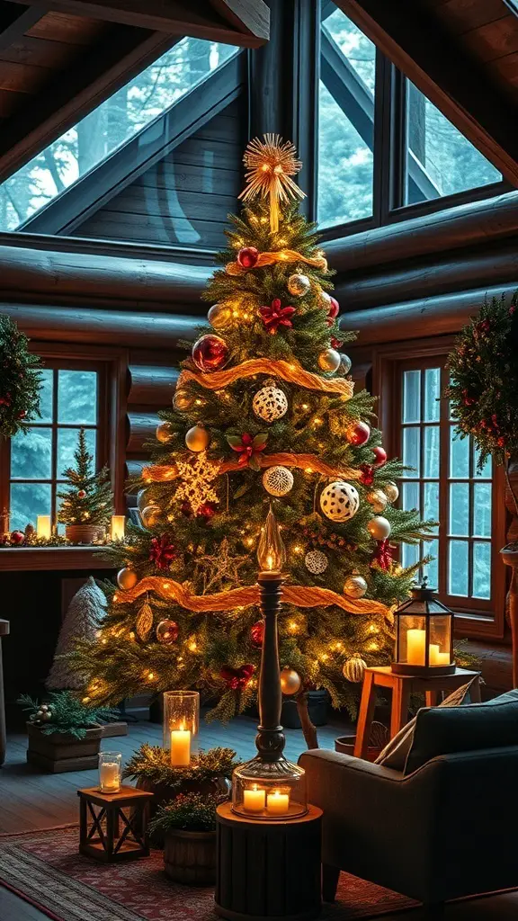 A beautifully decorated Christmas tree in a rustic cabin with warm lights and candles.