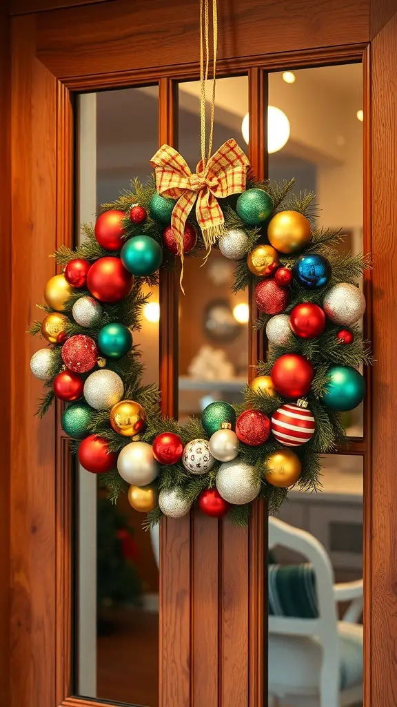 A colorful ornament wreath with red, green, gold, and silver ornaments, adorned with a bow, hanging on a wooden door.