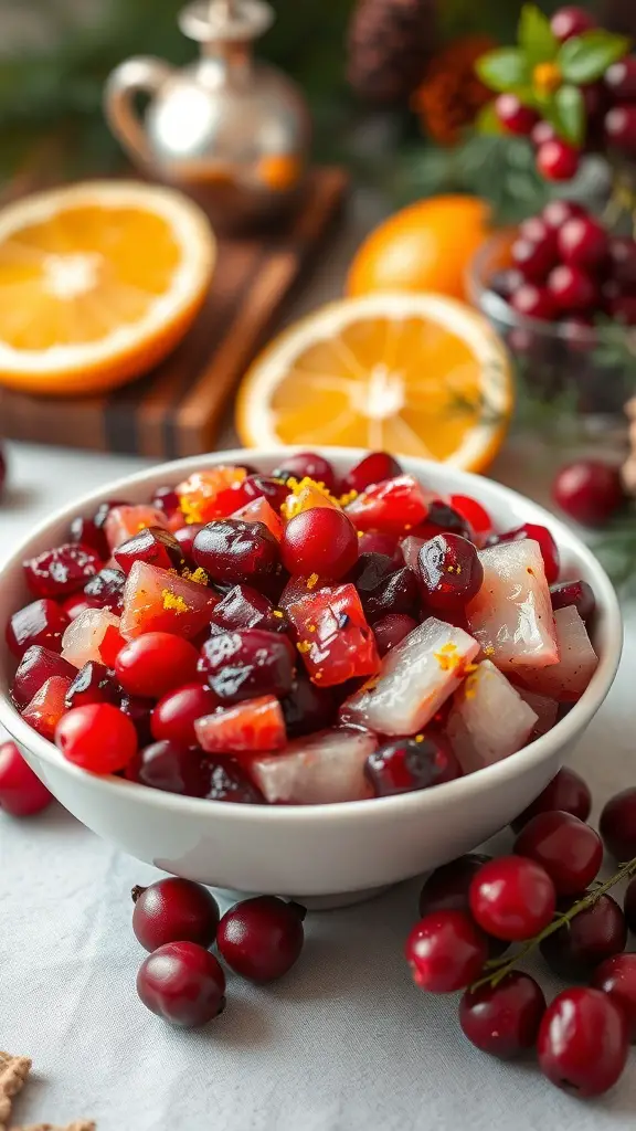 25+ Must-Try Thanksgiving Side Dishes You Need This Year 8 A bowl of cranberry orange relish with fresh cranberries and orange slices in the background.