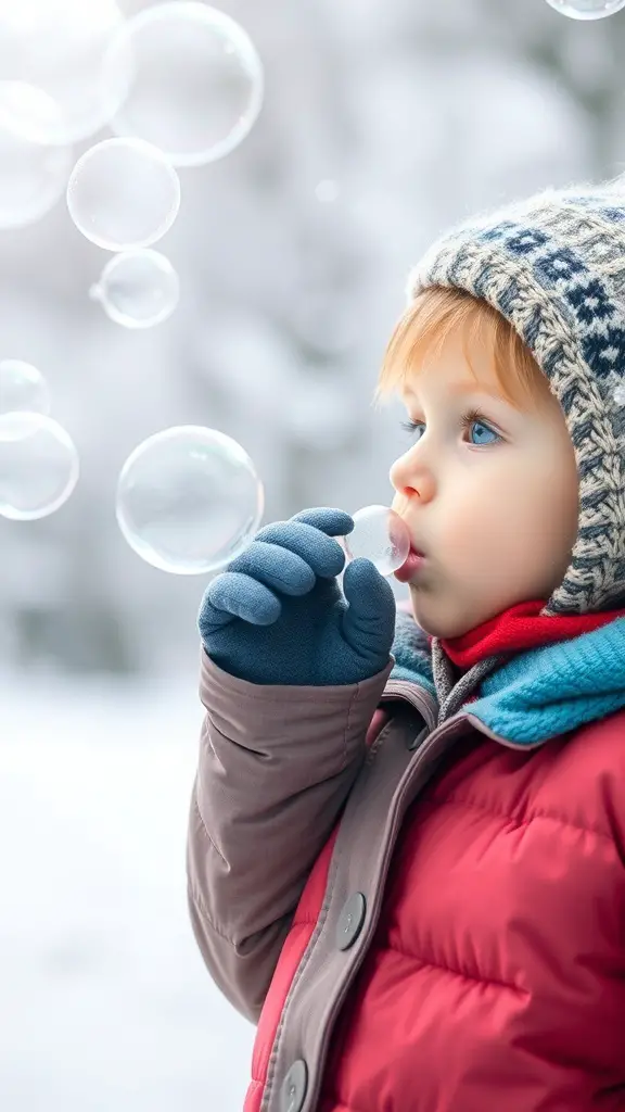 A child blowing bubbles in a snowy environment, showcasing the Frozen Bubble Experiment.