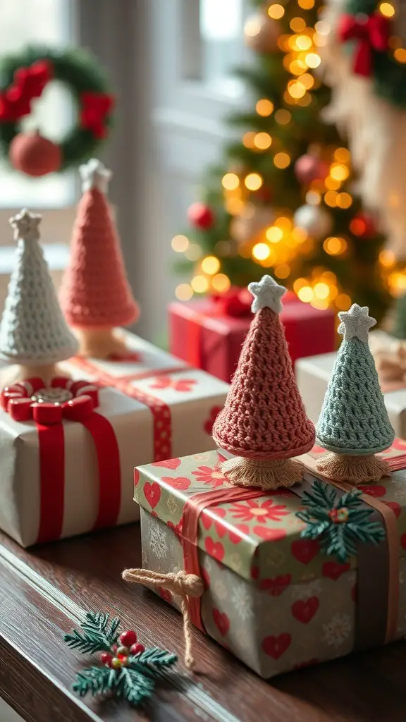 29+ Stunning Crochet Christmas Tree Ideas to Brighten Your Holiday Decor 12 Crochet Christmas trees on wrapped gifts with a festive background