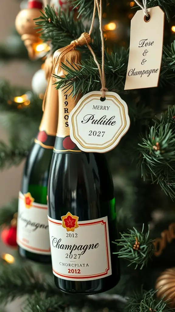 27+ Stunning Champagne Christmas Tree Ideas You Need to Try 15 Champagne bottles with personalized tags hanging on a Christmas tree.