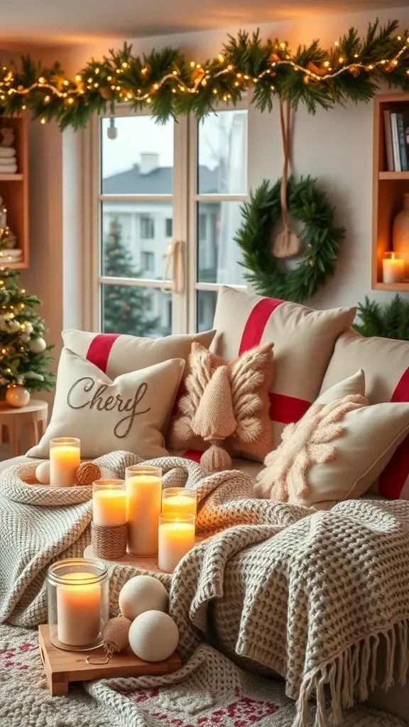 29+ Must-Have Christmas Wishlist Ideas for Everyone 7 A cozy living room decorated for Christmas with soft pillows, blankets, candles, and festive decor.
