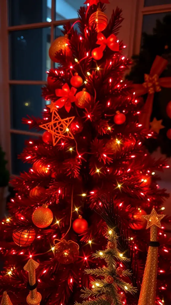 A Christmas tree adorned with red and white fairy lights, featuring shiny red ornaments and playful decorations.