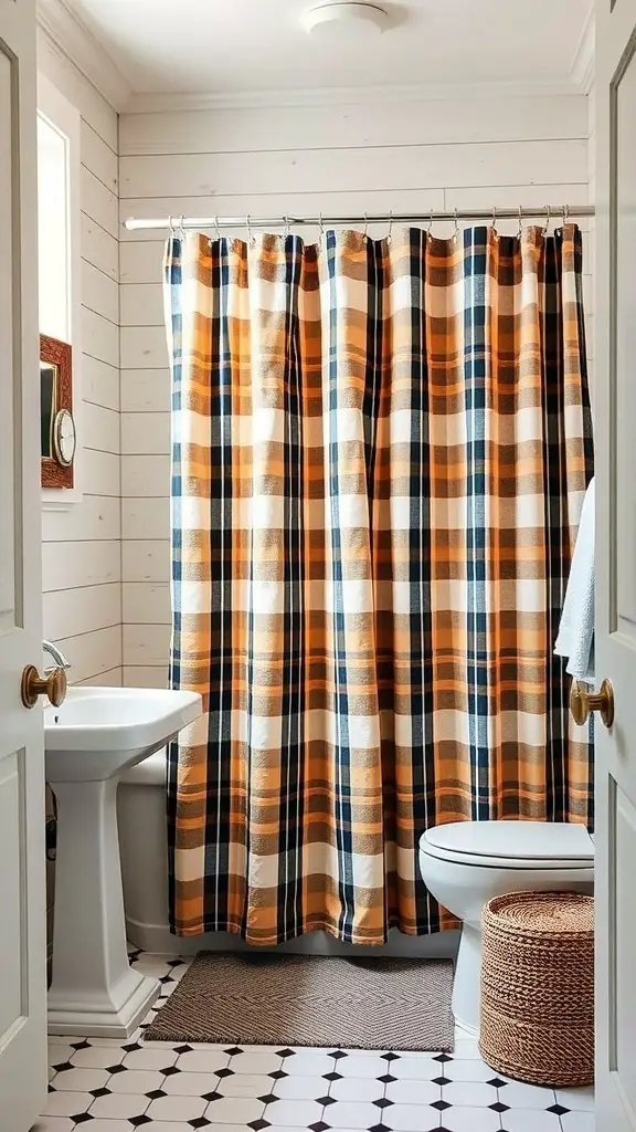 A small bathroom featuring a plaid shower curtain in earthy tones, with a cozy rustic farmhouse style.