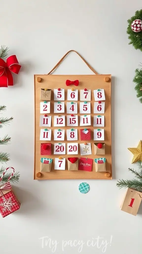 A colorful DIY Advent calendar with numbered envelopes and festive decorations.