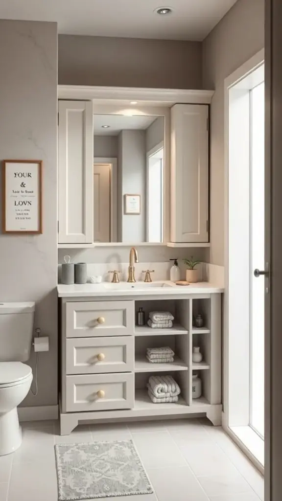 25+ Stylish Bathroom Corner Cabinets for Every Space 5 A modern bathroom corner cabinet with shelves and drawers, featuring a stylish design and good storage options.
