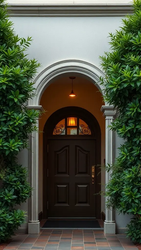 27+ Stunning Wall Molding Ideas to Transform Your Space 15 An arched doorway with decorative molding, flanked by green plants, leading to a warmly lit interior.