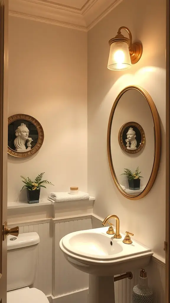 29+ Stunning Powder Room Ideas to Elevate Your Space 8 A stylish powder room with warm lighting, a round mirror, and elegant decor.