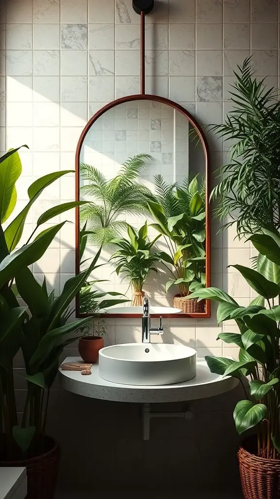 A bathroom featuring an arched mirror framed by lush green plants, creating a fresh and inviting atmosphere.