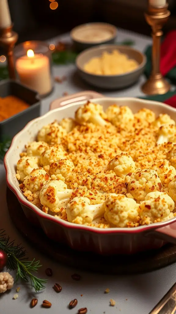 29+ Must-Try Thanksgiving Vegetable Sides for Your Holiday Feast 4 A dish of cauliflower gratin with a golden breadcrumb topping, surrounded by candles and festive decor.