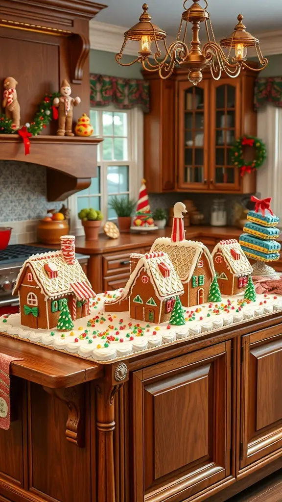 A whimsical gingerbread village displayed on a kitchen island, featuring decorated gingerbread houses and festive decor.