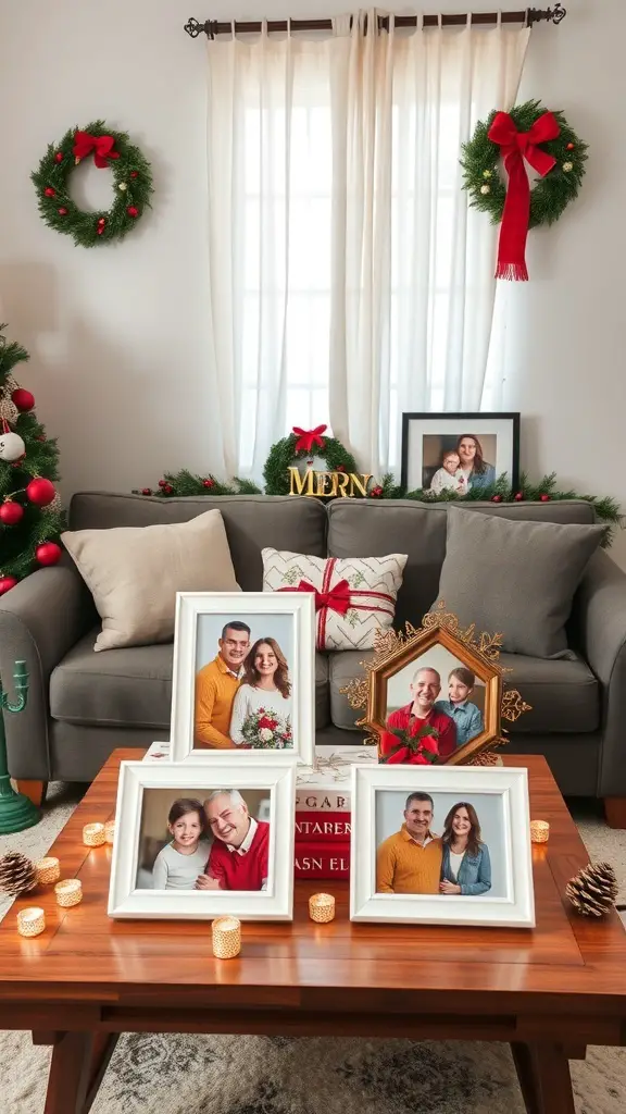 A cozy living room with family photos on a coffee table, decorated for Christmas.