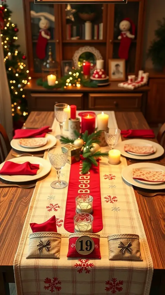 29+ Stunning Christmas Table Runner Ideas for a Festive Holiday Table 12 A festive table setting with an Advent calendar inspired table runner featuring pockets for treats, surrounded by candles and holiday decorations.
