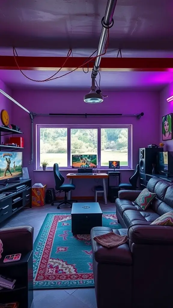23+ Creative Garage Conversion Ideas for Your Home 11 A vibrant gaming and entertainment hub in a garage with purple walls, multiple monitors, and a cozy sofa.