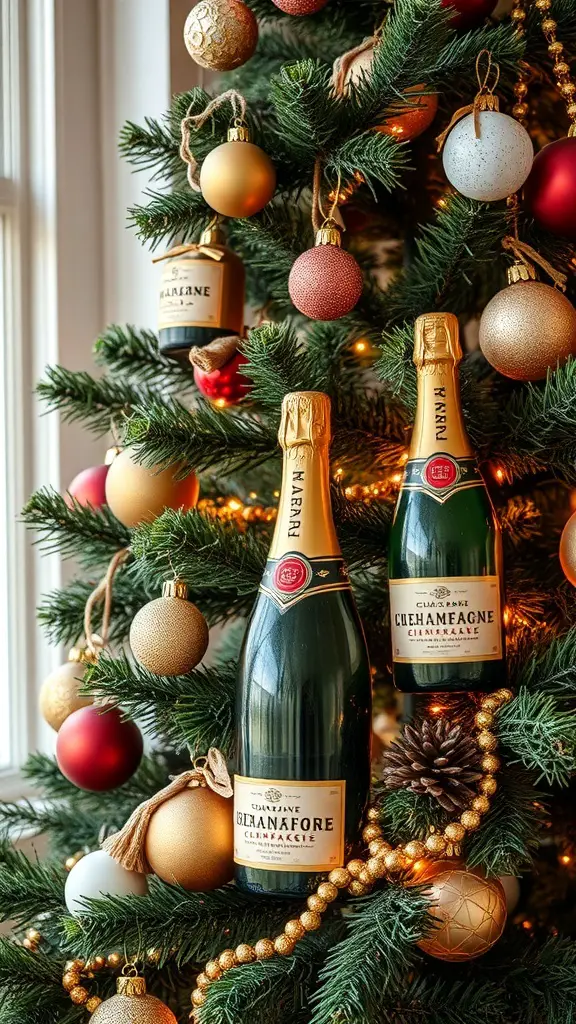 27+ Stunning Champagne Christmas Tree Ideas You Need to Try 13 A Christmas tree decorated with vintage champagne bottles and colorful ornaments.