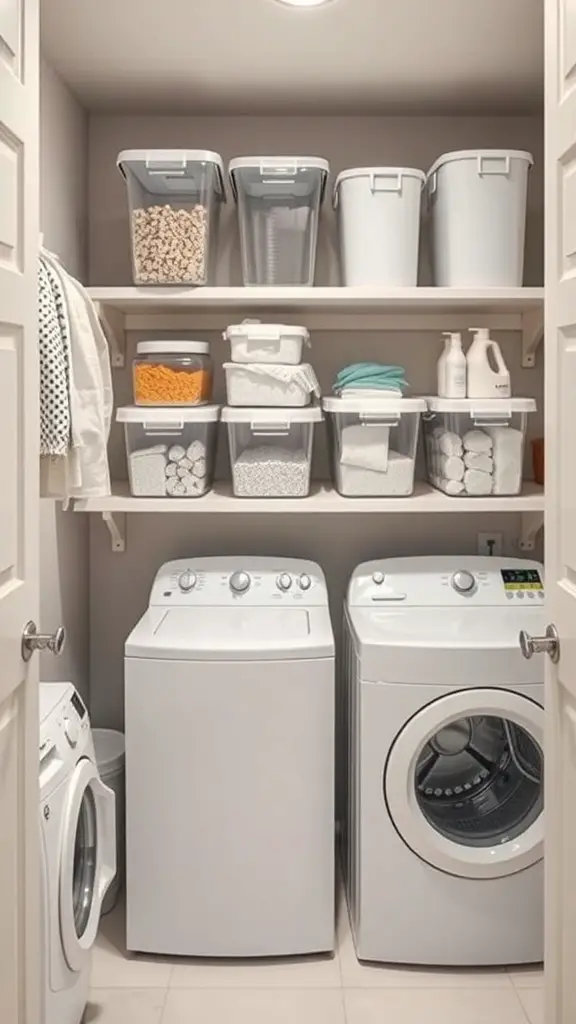 27+ Creative Small Space Solutions for Top Loader Laundry Rooms 12 Organized laundry room with clear containers on shelves and top loader washing machines