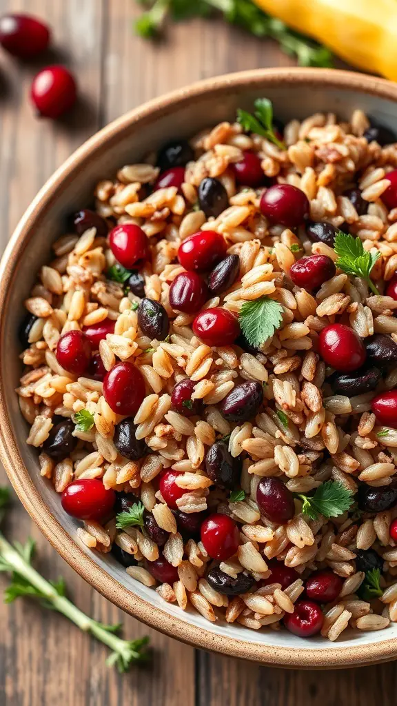 29+ Must-Try Thanksgiving Vegetable Sides for Your Holiday Feast 11 A bowl of cranberry and wild rice pilaf with herbs, showcasing a colorful mix of ingredients.