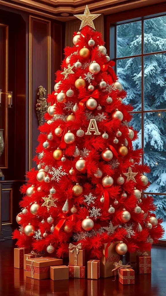 A glamorous red Christmas tree decorated with silver and gold ornaments, topped with a star, surrounded by neatly wrapped presents.