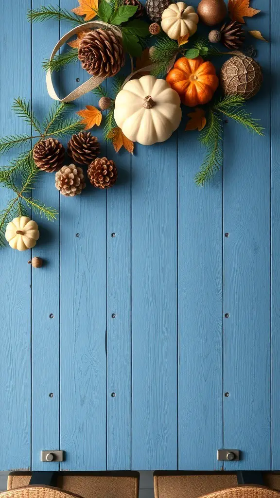 A rustic blue wooden table decorated with pumpkins, pinecones, and autumn leaves.