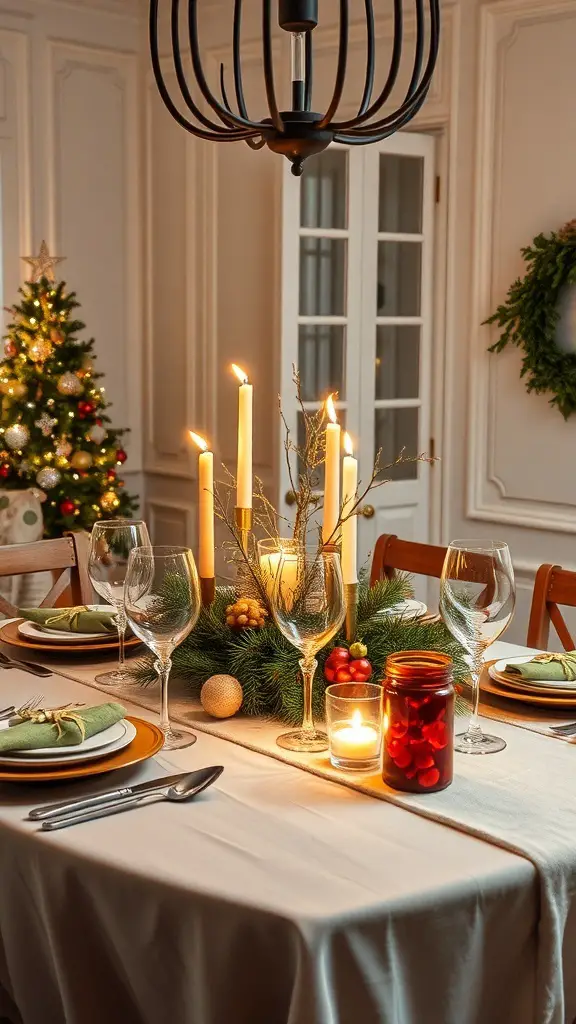 A beautifully set dining table with candles, greenery, and festive decorations.