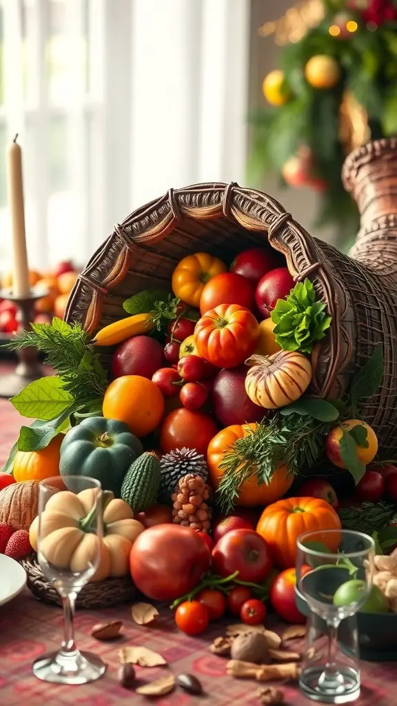 A cornucopia filled with colorful fruits and vegetables, symbolizing abundance for Thanksgiving.