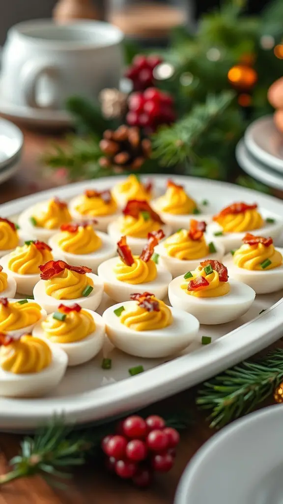 27+ Delicious Christmas Appetizers to Impress Your Guests 15 A platter of deviled eggs topped with bacon and chives, surrounded by holiday decorations.