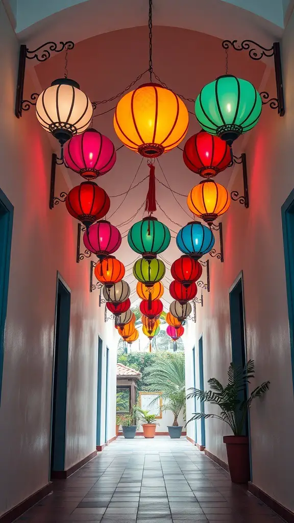 29+ Magical Hallway Christmas Light Ideas to Brighten Your Home 9 A hallway decorated with colorful lanterns hanging from the ceiling, creating a vibrant and cheerful atmosphere.