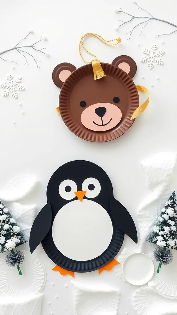 Two winter animal masks: a bear and a penguin made from paper plates.