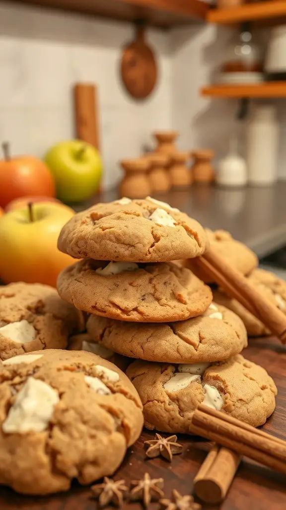 A stack of apple cinnamon cookies with apples and cinnamon sticks in the background.