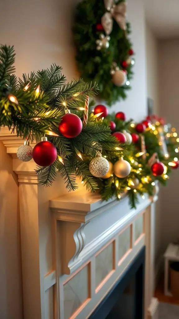 A festive holiday garland decorated with red and gold ornaments and lights, draped over a mantel.